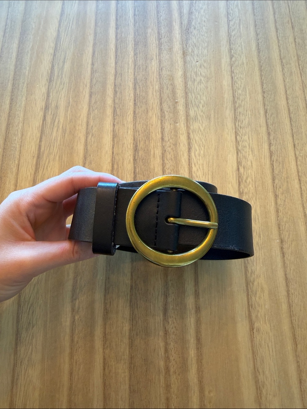 Aritzia Black Leather Belt with Brass Round Buckle